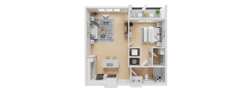 A 3D rendered image of a small apartment layout.
