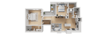 A 3D floor plan of a house showing a kitchen, living room, and bedrooms.