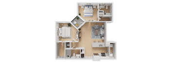 A detailed 3D floor plan of a two-story apartment.