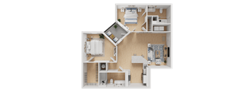 A detailed 3D floor plan of a house layout.