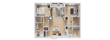 A detailed 3D floor plan of a house layout.