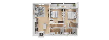 A 3D rendered image of a small apartment layout.
