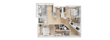 A detailed 3D floor plan of a small apartment with a kitchen, living room, and bathroom.