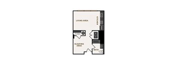 A floor plan of a small apartment with a living area, sleeping area, and bathroom.