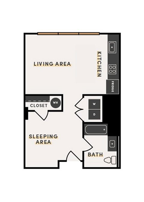 A floor plan of a small apartment with a living area, sleeping area, and bathroom.