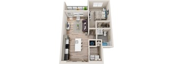 a stylized floor plan with a bedroom and a living room