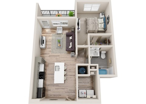 a stylized floor plan with a bedroom and a living room