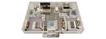 A top-down view of a two-story apartment with a living room, kitchen, dining area, and bedrooms.
