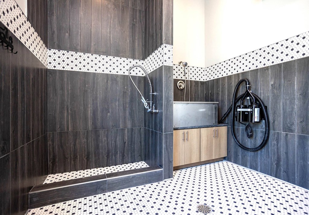 a bathroom with black and white tile