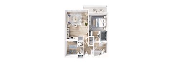 A top-down view of a modern apartment layout with a kitchen, living room, and bedrooms.