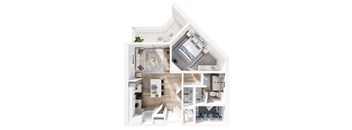 A white and wood floor plan of a house with a kitchen, living room, and bathroom.