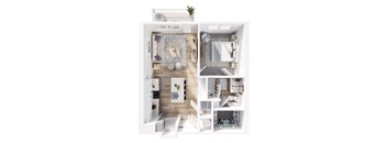 A white and wood interior design layout with a kitchen, living room, and bedroom.