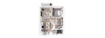 A top-down view of a small, well-organized apartment with a kitchen, living room, and bathroom.