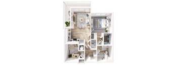 A top-down view of a small apartment with a kitchen, living room, and bathroom.