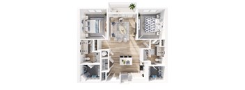 A top-down view of a modern, white-walled apartment with a central living area, kitchen, and bedroom.