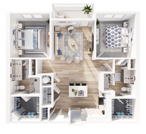 A top-down view of a modern, white-walled apartment with a central living area, kitchen, and bedroom.