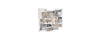 A 3D floor plan of a house showing the layout of the rooms.