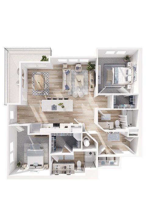 A 3D floor plan of a house showing the layout of the rooms.