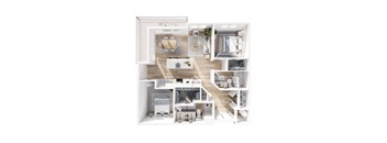 A top-down view of a modern apartment layout with a kitchen, living room, and bathroom.