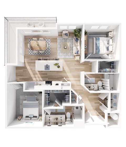 A top-down view of a modern apartment layout with a kitchen, living room, and bathroom.