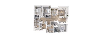 A 3D floor plan of a house showing all rooms and their layouts.