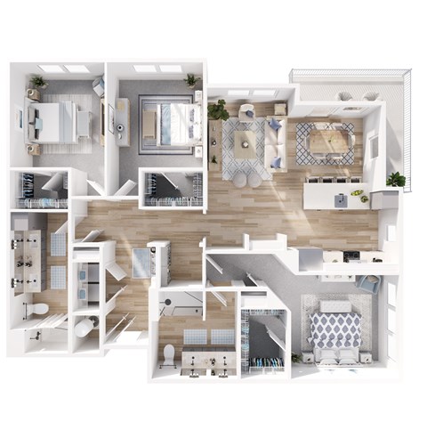A 3D floor plan of a house showing all rooms and their layouts.