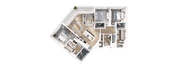 A top-down view of a modern apartment layout.