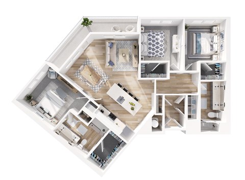 A top-down view of a modern apartment layout.
