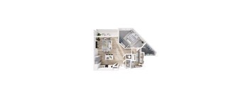 A white floor plan of a house with a kitchen, living room, and bathroom.
