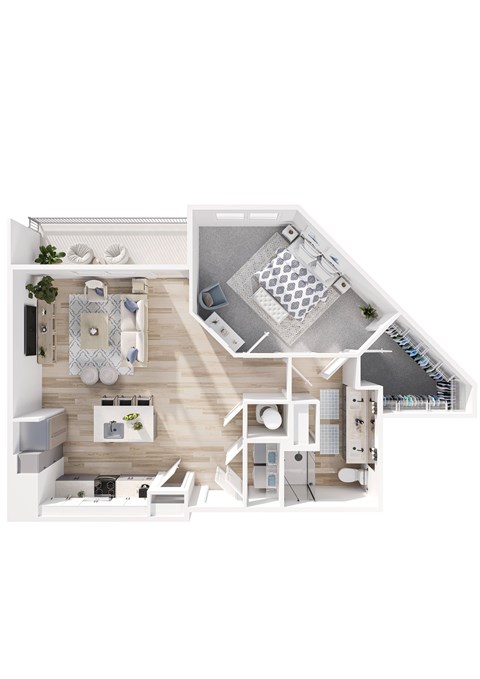A white floor plan of a house with a kitchen, living room, and bathroom.