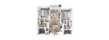A top-down view of a modern apartment layout with a kitchen, living room, and bathroom.