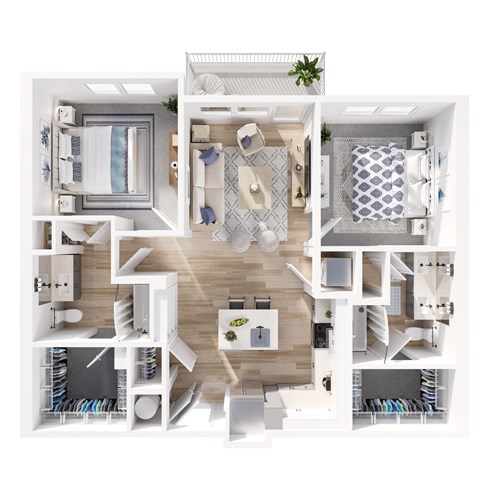 A top-down view of a modern apartment layout with a kitchen, living room, and bathroom.