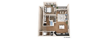a 3d floor plan of a house with a bedroom and a living room