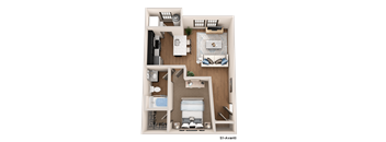 a 3d floor plan of a bedroom with a bathroom and a living room