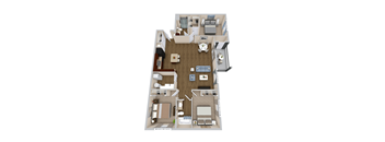 A top down view of a house with a living room, dining room, kitchen, and two bedrooms.
