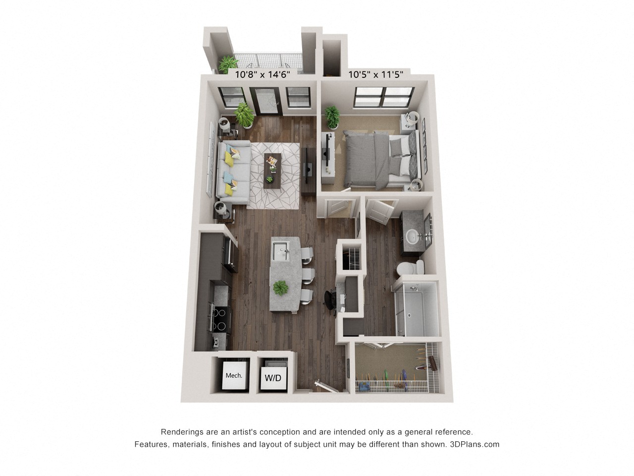 A 3D floor plan of a small apartment with a kitchen, living room, and bathroom.