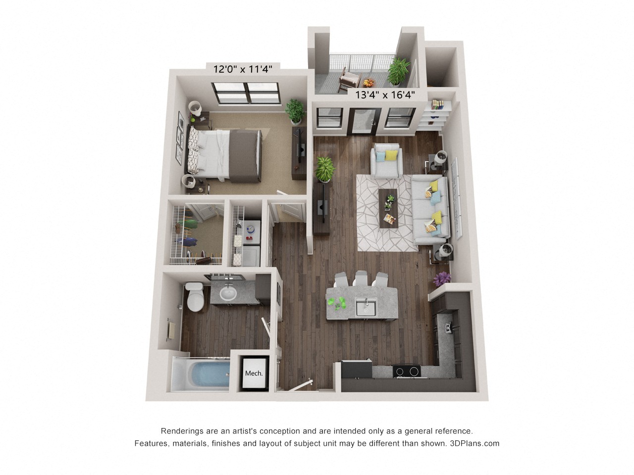 A 3D floor plan of a small apartment with a kitchen, living room, and bathroom.
