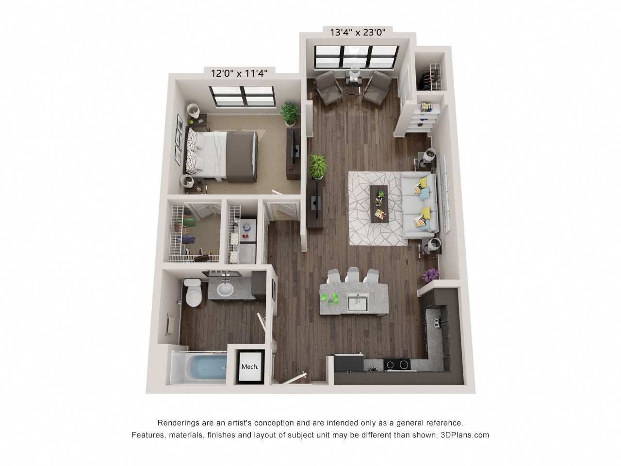 A floor plan of a small apartment with a kitchen, living room, and bathroom.