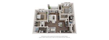A 3D floor plan of a two-bedroom apartment with a living room, kitchen, and bathroom.