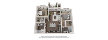A 3D floor plan of a two-bedroom apartment with a living room, kitchen, and bathroom.