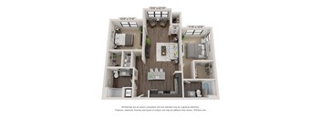 A 3D floor plan of a small apartment with a kitchen, living room, and two bedrooms.