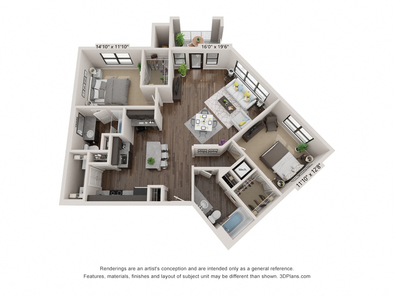 A 3D floor plan of a house with a living room, kitchen, dining room, and two bedrooms.