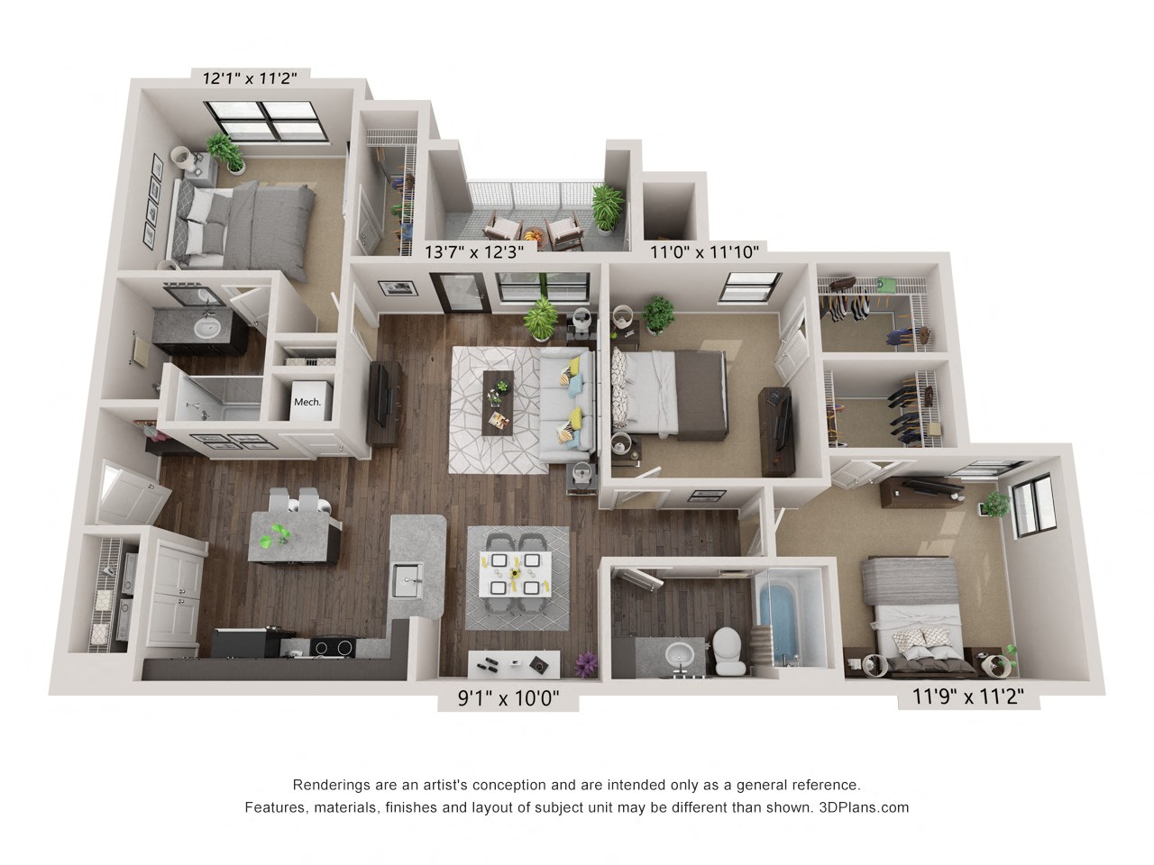 A 3D floor plan of a house with a living room, kitchen, and bathroom.