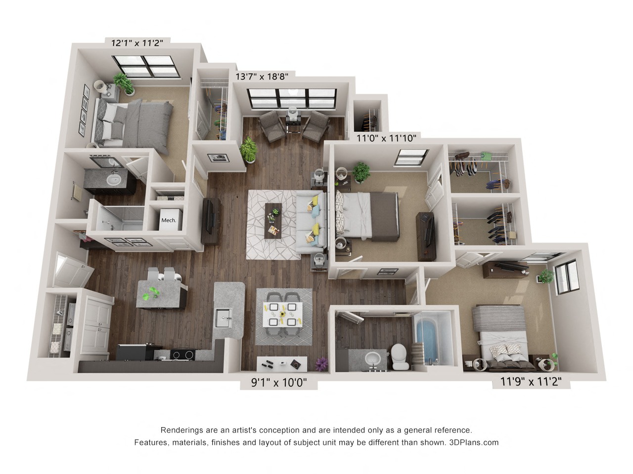 A 3D floor plan of a house with a kitchen, living room, and bathrooms.