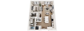 A top-down view of a small, neatly organized apartment with a kitchen, living room, and bathroom.