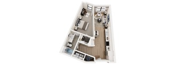 A top-down view of a small apartment with a kitchen, living room, and bathroom.