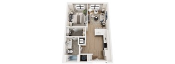 A floor plan of a house with a living room, dining room, kitchen, and bathrooms.