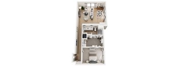 A top-down view of a small apartment with a kitchen, living room, and bedroom.