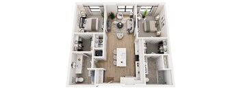 A top-down view of a modern, minimalist apartment layout.