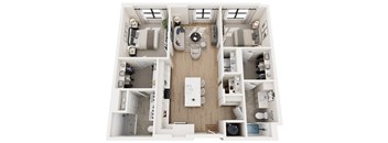 A top-down view of a small apartment layout with a kitchen, living room, and bathroom.